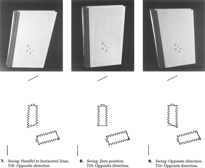 Figure 2-16 The nine photographs on this and the following two pages show the variety of image shapes that can be obtained with the camera back in three different tilt positions and three different swing positions (zero position, tilted or swung parallel to the subject plane, and tilted or swung in the opposite direction). The cameras under the photographs represent a top view for the back swing and a side view for the back tilt. The italicized words in the numbered captions indicate the swing and/or tilt adjustments that were changed from the previous illustration.