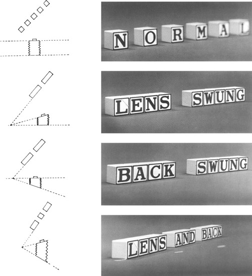 Figure 2-23 (Top) Only the near part of the subject appears sharp at a large aperture with the front and back swings zeroed. (Upper middle) A sharp image is obtained by swinging the lens toward the plane of the subject with the back in the zero position. (Lower middle) A sharp image is obtained by swinging the back in the opposite direction with the front in the zero position. (Bottom) Both the front and back swings can be used when the subject is at an extreme angle. The dashed white line in the photograph represents the maximum subject angle that could be imaged sharply using either the lens swing or the back swing.