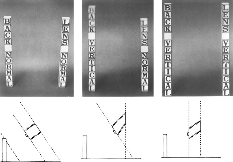 Figure 2-29 (Left) Appearance of the image with the camera tilted downward and with the tilt adjustments zeroed. (Center) Tilting the back to eliminate convergence of;the vertical lines also reduces the area of sharpness. (Right) Tilting the lens board so that it is parallel to the subject and the film plane produces a sharp image at the maximum diaphragm opening.