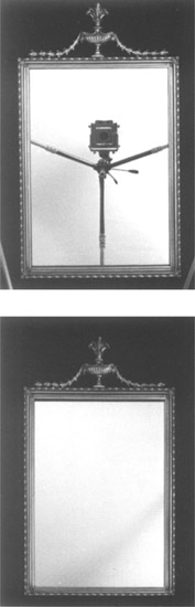 Figure 2-36 Elimination of a reflection in a mirror without altering its rectangular shape by moving the camera and tripod toward the bottom of the mirror and shifting the lens toward the top.