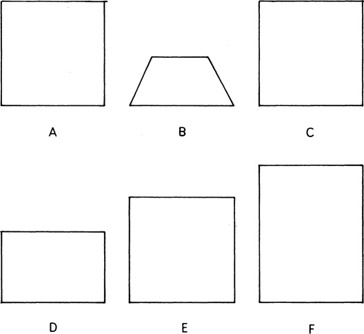 Figure 2-48 (A) A square two-dimensional subject. (B) Image produced with camera tilted upward and with back in zero position. (C) Image produced with back tilted parallel to subject. (D, E, F) Various effects obtainable by tilting the easel with a negative corresponding to image B.