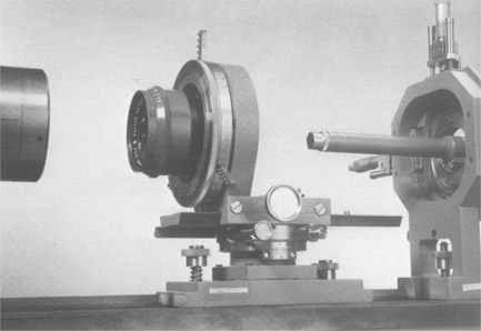 Figure 3-16 A professional nodal slide with a light collimator on the left, a device to pivot the lens at various points along the lens axis in the center, and a microscope to examine the aerial image on the right.