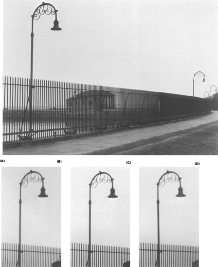 Figure 3-3 (A) Photograph made with a lens on an 8 × 10-in. view camera. Three additional photographs were made using different-size pinholes, and an area on the right side was cropped in printing to facilitate comparing image sharpness. The pinhole sizes were (B) one-half the optimum diameter, (C) the calculated optimum diameter, and (D) two times the optimum diameter.