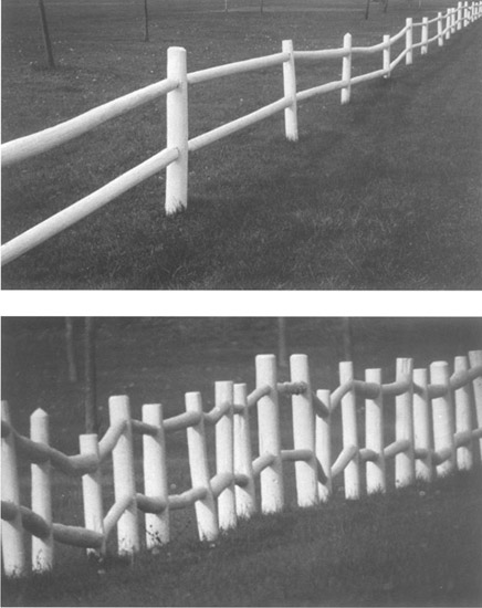 Figure 6-21 The top photograph was made with a short focal length lens on a camera placed close to the first post, and the bottom photograph was made with a lens having a focal length 30 times that of the first lens and with the camera placed approximately 30 times as far away from the post.