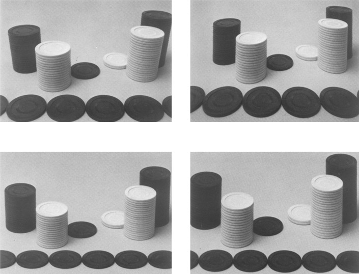 Figure 6-23 (Top left) Aiming a camera downward with a short focal length lens causes strong convergence of vertical subject lines with the back tilt zeroed. (Top right) Tilting the back of the camera to the vertical position eliminates convergence of vertical lines. Circular objects appear more unnatural in shape. (Bottom left) Same downward tilt of the camera from a longer distance with a longer focal length lens produces only slight convergence of vertical subject lines with the back tilt zeroed. (Bottom right) Back must be tilted to the vertical position to completely eliminate converging vertical lines in the preceding photograph. Change in shape of circular objects is less obvious than when the camera was closer with a shorter focal length lens.