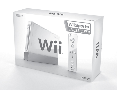 A Wii stands ready in its brilliant white packaging.