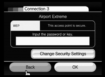 Here, the Wii needs a password to access an AirPort wireless network. Click the white box to get to the input screen.