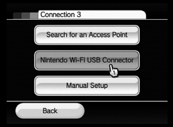 When you set up an Internet connection, you get these three choices. When you’re connecting through a Nintendo Wi-Fi USB Connector, click that button to complete the job.