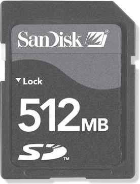 A 512 MB SD Memory Card from SanDisk, one of the most popular makers of this sort of card.