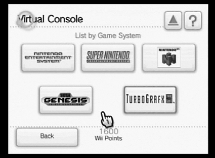 The Virtual Console area sells games for five old gaming systems.