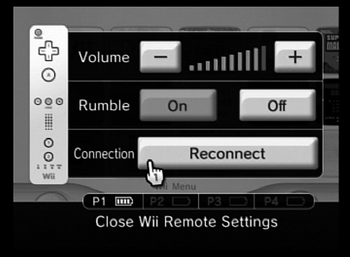 Pressing the Wii Remote’s Home button at any time displays this screen, where you can change the speaker volume, turn rumble on or off, and reconnect Wii Remotes.