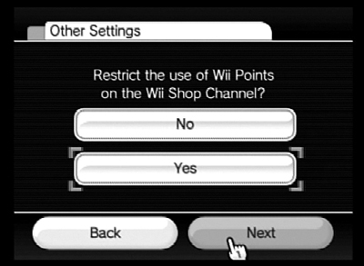 You can restrict activity in four areas, including spending money in the Wii Shop Channel.