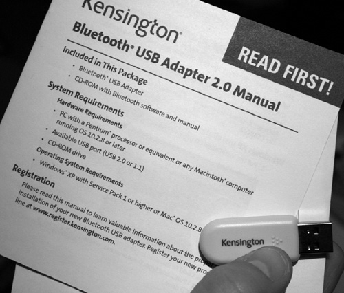 The Kensington Bluetooth USB Adapter plugs into the USB port on a PC.