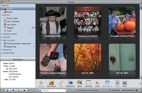 iPhoto 7’s new Events view provides a key picture for each set of photos in the library.