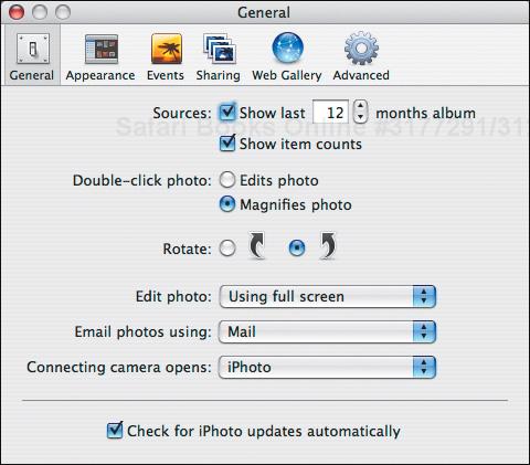 Use the Sources settings in iPhoto’s General preference pane to control the Last Months album and the display of the item count next to source names.