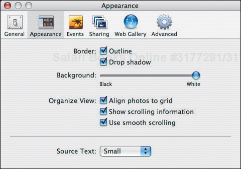 The Appearance pane of iPhoto’s Preferences window provides settings that control how iPhoto draws and scrolls through photos, and the size of source name text.