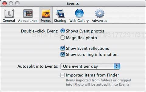 In the Events preference pane, you can choose what double-clicking an event does and set whether you’ll see event reflections and the translucent scrolling information pop-up.
