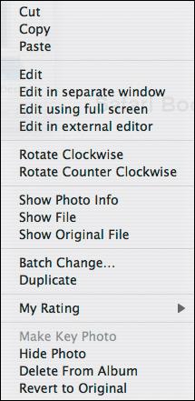 Control-click one or more selected photos to display iPhoto’s contextual menu shortcuts.