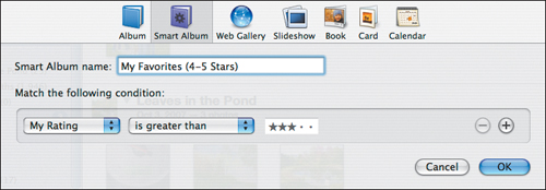 Name and configure your smart album in the dialog that appears after choosing New Smart Album from the File menu.