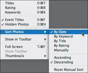 To sort photos, choose the desired method from the Sort Photos menu.