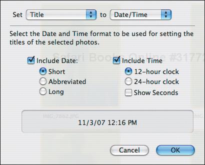 When changing the title of a photo to Date/Time, set the format in the dialog before clicking the OK button.