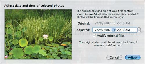 Use the Adjust Date and Time command to increase or decrease the dates of multiple photos in relation to the first one in the selected set.