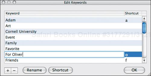 In the Edit Keywords window, you can add, remove, and rename keywords, and assign single-key shortcuts to them.