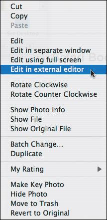 Control-click a photo in organize mode and choose one of the editing commands from the contextual menu. This is a particularly good way to edit in an external application on an occasional basis.