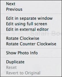 Control-click a photo in the display pane in edit mode or in full screen mode to display iPhoto’s contextual menu shortcuts.
