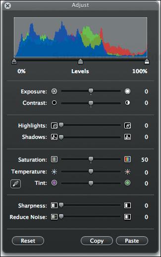 Use the sliders in the Adjust panel to modify the exposure, color levels, sharpness, noise levels, and more.