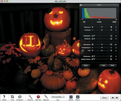 The histogram tends toward the left in dark photos like this one of Halloween pumpkins.