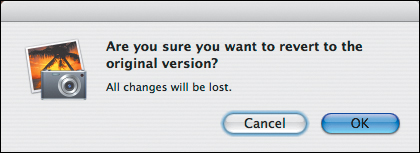 When you choose Revert to Original, iPhoto warns you that you’ll lose all your changes.
