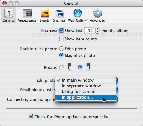 To configure iPhoto to use another program for editing photos, choose In Application from the Edit Photos pop-up menu in the General pane of iPhoto’s Preferences window.