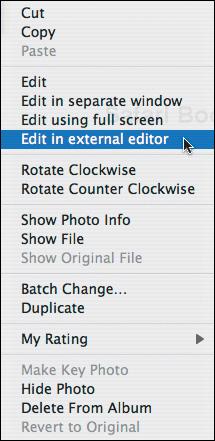 To edit a photo in an external editor without switching iPhoto’s preferences, Control-click the image and choose Edit in External Editor from the contextual menu.