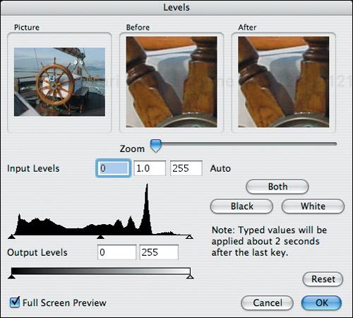 GraphicConverter’s interface is more technical than iPhoto’s, but as with the Levels dialog, it can offer more feedback and control.