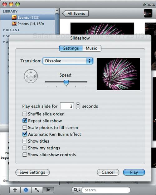 Configure how your slideshow appears using the Settings pane of the Slideshow dialog.