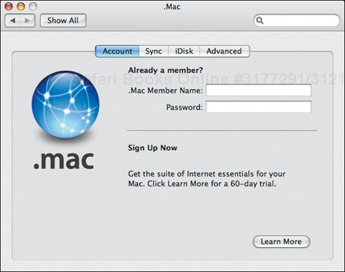 To start setting up a .Mac account, click the Learn More button in the .Mac preference pane, which takes you to the .Mac home page in your Web browser.