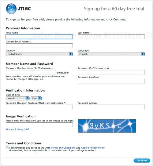 Enter your information in the .Mac signup page, and click Continue.