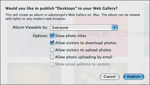 iPhoto presents you with a number of choices regarding who can see your Web gallery and how it will be displayed.