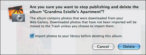 When you delete a Web gallery, iPhoto warns you if it contains any photos downloaded from the online side of the Web gallery and gives you a chance to import them. If the Web gallery contains only photos that originated in iPhoto, the dialog reassures you that deleting the Web gallery won’t affect your original photos.