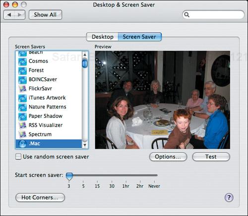 Configure the .Mac screen saver in the Screen Saver pane of the Desktop & Screen Saver preferences.