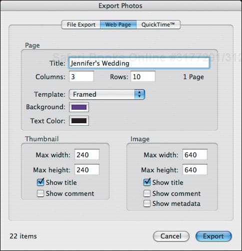 Use the options in the Web Page tab of the Export Photos dialog to set how your photos will appear on the Web page.