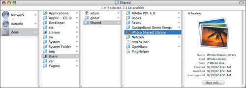 Store your iPhoto Shared Library in the Shared folder at the same level as your user folder.