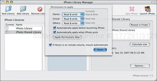 Set the permissions properly for shared iPhoto Libraries in the Options dialog in iPhoto Library Manager.