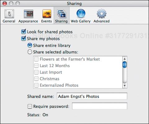 Turn on photo sharing in the Sharing pane of iPhoto’s Preferences window.