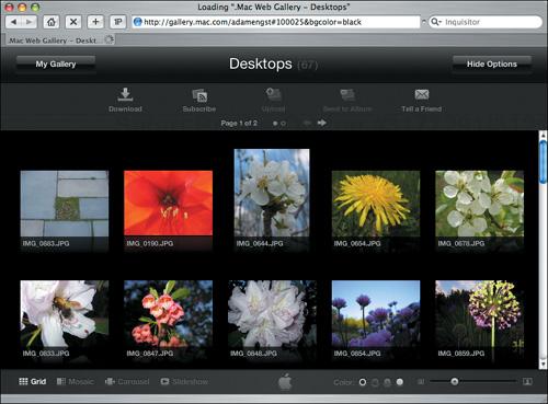 Web galleries created by iPhoto load in a Web browser with a modern, application-like interface.