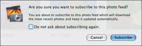 iPhoto confirms that you really want to subscribe to the photo feed, perhaps because it can take a while to download all the photos.