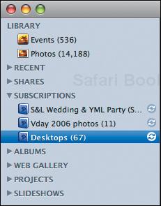 Photo feeds in iPhoto appear in the Subscriptions list in the Source pane.
