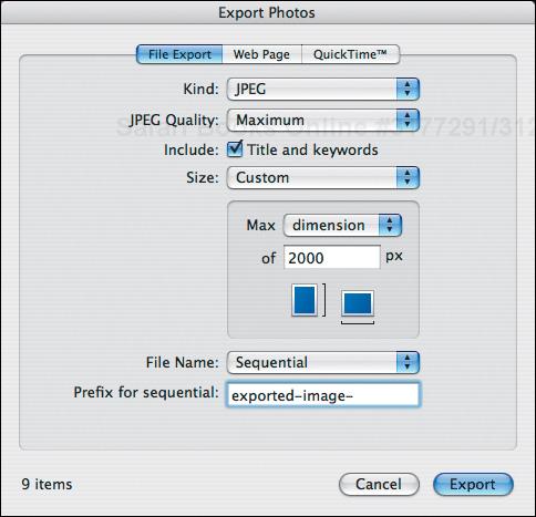 Use the File Export pane in the Export Photos dialog to set various options for your exported images.