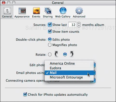 In the General pane of iPhoto’s Preferences, choose your email program from the Email Photos Using pop-up menu.